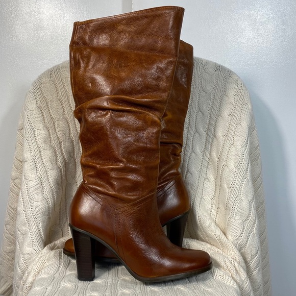 PENNY LOVES KENNY leather bootleg cognac boots stacked heel size 8.5  #2090 - Picture 1 of 11
